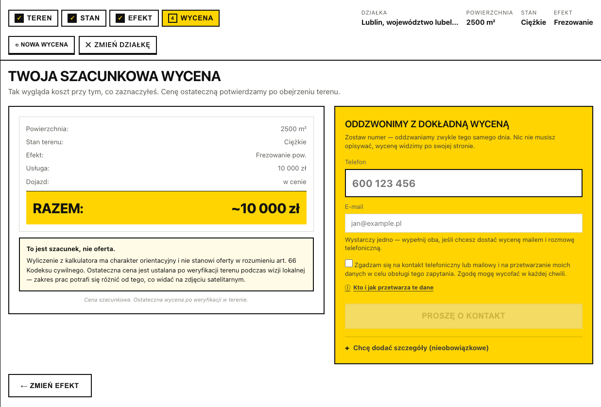 Ekran kalkulatora z wstępnym oszacowaniem